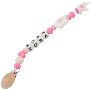 Cumilánc névvel - Egyedi, névre szóló cumilánc szilikon gyöngyökből - Pink Nyuszi Cumilánc névvel - Egyedi, névre szóló cumilánc szilikon gyöngyökből - Pink Nyuszi