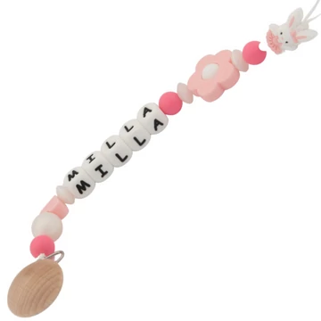Cumilánc névvel - Egyedi, névre szóló cumilánc szilikon gyöngyökből - Rózsaszín Nyuszi Cumilánc névvel - Egyedi, névre szóló cumilánc szilikon gyöngyökből - Rózsaszín Nyuszi
