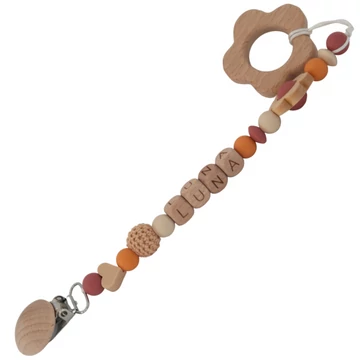 Cumilánc névvel, rágókával - Egyedi, névre szóló cumilánc szilikon, fa és horgolt gyöngyökből fa rágókával - Autumn Flower