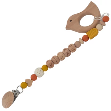 Cumilánc névvel, rágókával - Egyedi, névre szóló cumilánc szilikon, fa és horgolt gyöngyökből fa rágókával - Mustard Rainbow