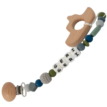 Cumilánc névvel, rágókával - Egyedi, névre szóló cumilánc szilikon és horgolt gyöngyökből fa rágókával - Sage Rainbow