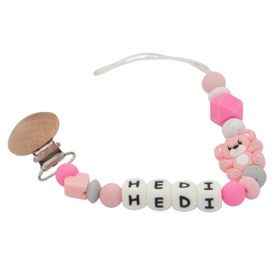 Cumilánc névvel - Egyedi, névre szóló cumilánc szilikon gyöngyökből - Rózsaszín Maci 