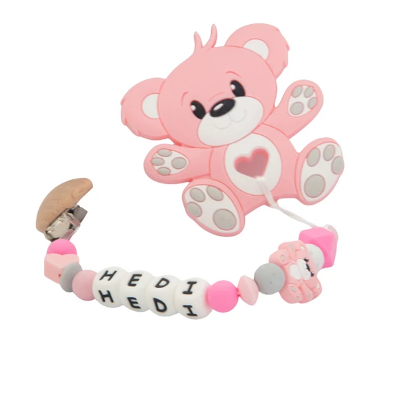 Cumilánc névvel - Egyedi, névre szóló cumilánc szilikon gyöngyökből - Rózsaszín Maci Rágókával