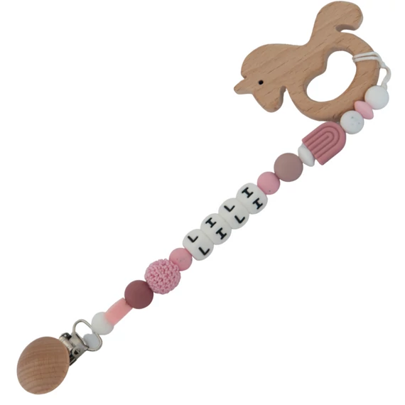 Cumilánc névvel, rágókával - Egyedi, névre szóló cumilánc szilikon és horgolt gyöngyökből fa rágókával - Rose Rainbow