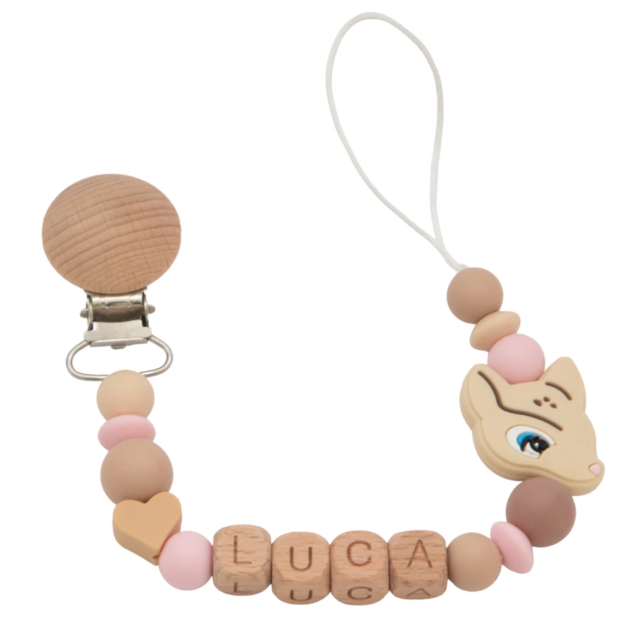 Cumilánc névvel - Egyedi, névre szóló cumilánc szilikon és fa gyöngyökből - Krém Őzike 