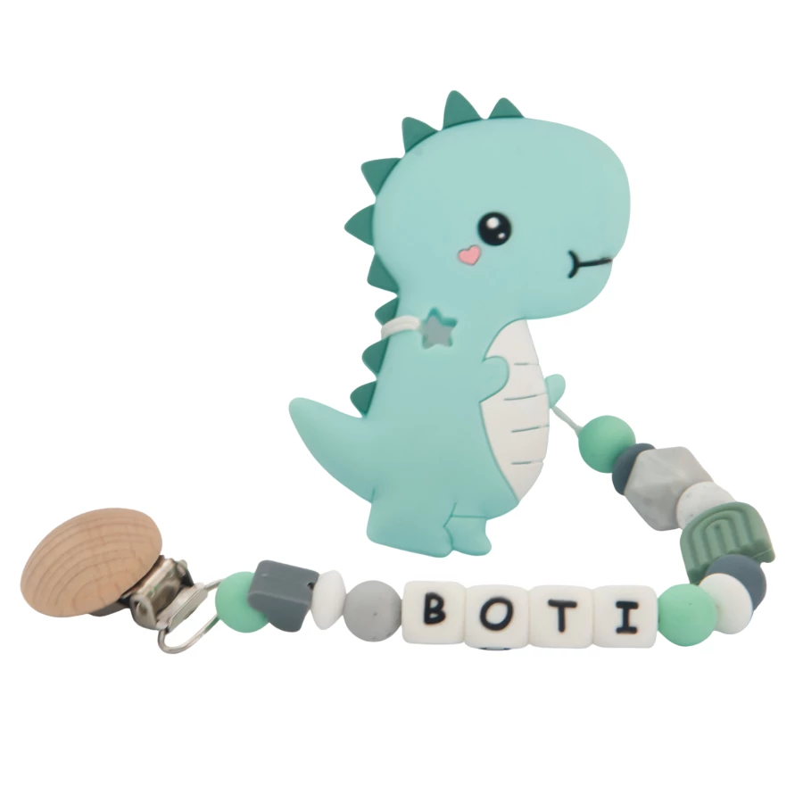 Cumilánc névvel - Egyedi, névre szóló cumilánc szilikon gyöngyökből - Menta Dínó Rágókával